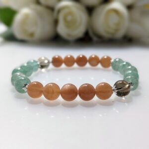 Women's Bracelet, beaded stretch bracelet, Crystal Charm, green strawberry quartz, peach moonstone, smoky quartz, sterling silver, waist size 17cm, elastic string, handmade in Australia, for her, unique gift for daughters, birthday gift, gift for anniversary, decorations, I love you forever, sentimental gift, exquisite jewellery gift, boxed gift, graduation gift, new chapter gift, wish comes true, you are the best, niece gift, gift for grandma, gift for sister, gift ideas, express delivery