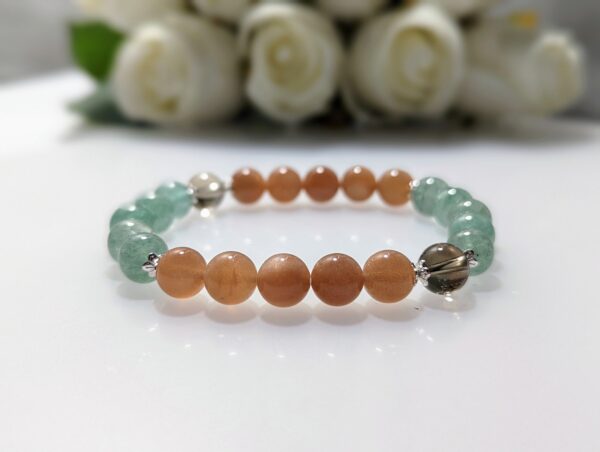 Women's Bracelet, beaded stretch bracelet, Crystal Charm, green strawberry quartz, peach moonstone, smoky quartz, sterling silver, waist size 17cm, elastic string, handmade in Australia, for her, unique gift for daughters, birthday gift, gift for anniversary, decorations, I love you forever, sentimental gift, exquisite jewellery gift, boxed gift, graduation gift, new chapter gift, wish comes true, you are the best, niece gift, gift for grandma, gift for sister, gift ideas, express delivery