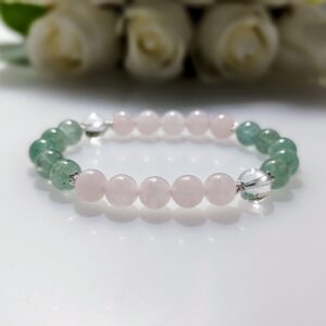 Women's Bracelet, beaded stretch bracelet, Crystal Charm, green strawberry quartz, rose quartz clear quartz, sterling silver, waist size 17cm, elastic string, handmade in Australia, for her, unique gift for daughters, birthday gift, gift for anniversary, decorations, I love you forever, sentimental gift, exquisite jewellery gift, boxed gift, graduation gift, new chapter gift, wish comes true, you are the best, niece gift, gift for grandma, gift for sister, gift ideas, express delivery