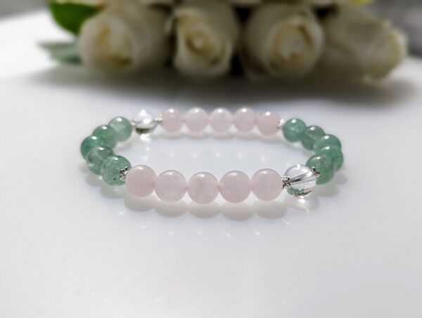 Women's Bracelet, beaded stretch bracelet, Crystal Charm, green strawberry quartz, rose quartz clear quartz, sterling silver, waist size 17cm, elastic string, handmade in Australia, for her, unique gift for daughters, birthday gift, gift for anniversary, decorations, I love you forever, sentimental gift, exquisite jewellery gift, boxed gift, graduation gift, new chapter gift, wish comes true, you are the best, niece gift, gift for grandma, gift for sister, gift ideas, express delivery