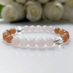 Women's Bracelet, Beaded Stretch Bracelet, Crystal Charm, Rose Quartz, Peach Moonstone, clear quartz, Waist Size 17cm, sterling silver, elastic string, handmade in Australia, for her, unique gift for daughters, birthday gift, gift for anniversary, decorations, I love you forever, sentimental gift, exquisite jewellery gift, boxed gift, graduation gift, new chapter gift, wish comes true, you are the best, niece gift, gift for grandma, gift for sister, gift ideas, express delivery