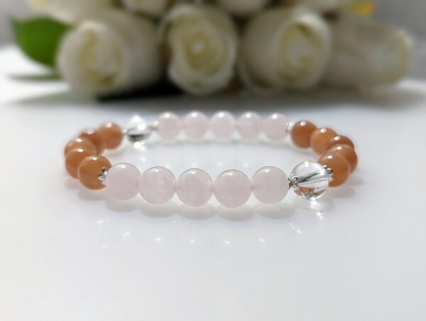 Women's Bracelet, Beaded Stretch Bracelet, Crystal Charm, Rose Quartz, Peach Moonstone, clear quartz, Waist Size 17cm, sterling silver, elastic string, handmade in Australia, for her, unique gift for daughters, birthday gift, gift for anniversary, decorations, I love you forever, sentimental gift, exquisite jewellery gift, boxed gift, graduation gift, new chapter gift, wish comes true, you are the best, niece gift, gift for grandma, gift for sister, gift ideas, express delivery
