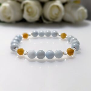 Women's Bracelet, Beaded Stretch Bracelet, Crystal Charm, Aquamarine, Yellow Jade, clear quartz, Waist Size 17cm, sterling silver, elastic string, handmade in Australia, for her, gift ideas, express delivery