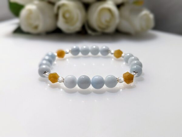 Women's Bracelet, Beaded Stretch Bracelet, Crystal Charm, Aquamarine, Yellow Jade, clear quartz, Waist Size 17cm, sterling silver, elastic string, handmade in Australia, for her, gift ideas, express delivery