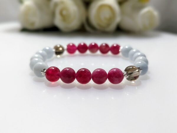 Women's Bracelet, beaded stretch bracelet, Crystal Charm, watermelon chalcedony, aquamarine, smoky quartz, sterling silver, waist size 17cm, elastic string, handmade in Australia, for her, unique gift for daughters, birthday gift, gift for anniversary, decorations, I love you forever, sentimental gift, exquisite jewellery gift, boxed gift, graduation gift, new chapter gift, wish comes true, you are the best, niece gift, gift for grandma, gift for sister, gift ideas, express delivery