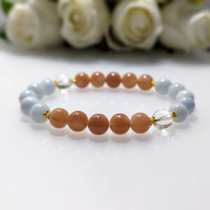 Women's Bracelet, Beaded Stretch Bracelet, Crystal Charm, Aquamarine, Peach Moonstone, clear quartz, Waist Size 17cm, gold coated sterling silver, elastic string, handmade in Australia, for her, unique gift for daughters, birthday gift, gift for anniversary, decorations, I love you forever, sentimental gift, exquisite jewellery gift, boxed gift, graduation gift, new chapter gift, wish comes true, you are the best, niece gift, gift for grandma, gift for sister, gift ideas, express delivery