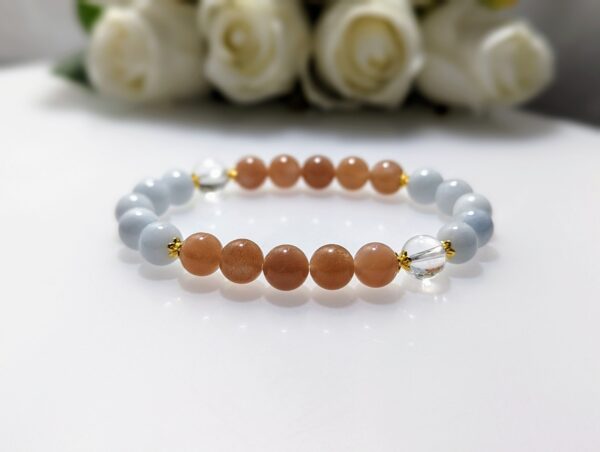 Women's Bracelet, Beaded Stretch Bracelet, Crystal Charm, Aquamarine, Peach Moonstone, clear quartz, Waist Size 17cm, gold coated sterling silver, elastic string, handmade in Australia, for her, unique gift for daughters, birthday gift, gift for anniversary, decorations, I love you forever, sentimental gift, exquisite jewellery gift, boxed gift, graduation gift, new chapter gift, wish comes true, you are the best, niece gift, gift for grandma, gift for sister, gift ideas, express delivery