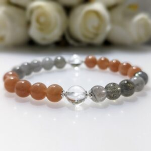 Women's Bracelet, Beaded Stretch Bracelet, Crystal Charm, Peach Moonstone, clear quartz, Blue Moonstone, Waist Size 17cm, elastic string, sterling silver, handmade in Australia, for her, unique gift for daughters, birthday gift, gift for anniversary, decorations, I love you forever, sentimental gift, exquisite jewellery gift, boxed gift, graduation gift, new chapter gift, wish comes true, you are the best, niece gift, gift for grandma, gift for sister, gift ideas, express delivery