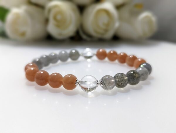 Women's Bracelet, Beaded Stretch Bracelet, Crystal Charm, Peach Moonstone, clear quartz, Blue Moonstone, Waist Size 17cm, elastic string, sterling silver, handmade in Australia, for her, unique gift for daughters, birthday gift, gift for anniversary, decorations, I love you forever, sentimental gift, exquisite jewellery gift, boxed gift, graduation gift, new chapter gift, wish comes true, you are the best, niece gift, gift for grandma, gift for sister, gift ideas, express delivery