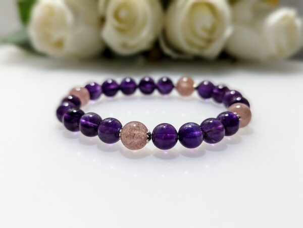 Women's Bracelet, Crystal Charm, beaded stretch bracelet, amethyst, strawberry quartz, sterling silver, elastic string, waist size 17cm, handmade in Australia, for her, unique gift for daughters, birthday gift, gift for anniversary, decorations, I love you forever, sentimental gift, exquisite jewellery gift, boxed gift, graduation gift, new chapter gift, wish comes true, you are the best, niece gift, gift for grandma, gift for sister, gift ideas, express delivery