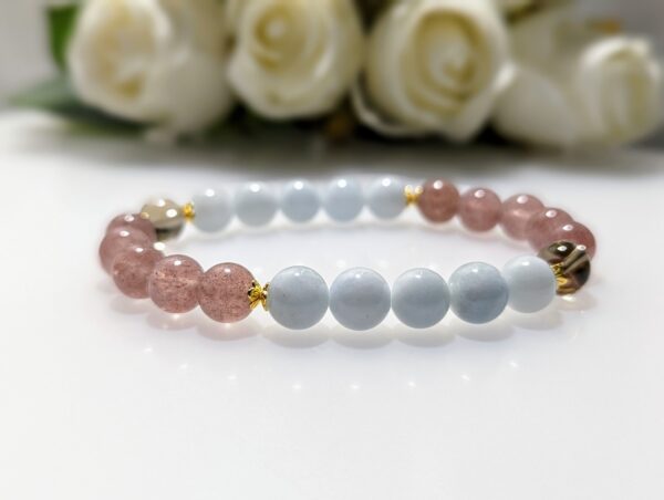 Women's Bracelet, Beaded Stretch Bracelet, Crystal Charm, Aquamarine, Strawberry Quartz, smoky quartz, Waist Size 17cm, gold coated sterling silver, elastic string, handmade in Australia, for her, unique gift for daughters, birthday gift, gift for anniversary, decorations, I love you forever, sentimental gift, exquisite jewellery gift, boxed gift, graduation gift, new chapter gift, wish comes true, you are the best, niece gift, gift for grandma, gift for sister, gift ideas, express delivery