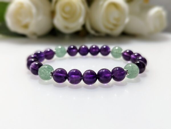 Women's Bracelet, Beaded Stretch Bracelet, Crystal Charm, Amethyst, Green Strawberry Quartz, Waist Size 17cm, sterling silver, elastic string, handmade in Australia, for her, unique gift for daughters, birthday gift, gift for anniversary, decorations, I love you forever, sentimental gift, exquisite jewellery gift, boxed gift, graduation gift, new chapter gift, wish comes true, you are the best, niece gift, gift for grandma, gift for sister, gift ideas, express delivery