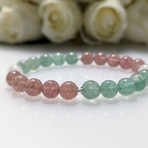 Women's Bracelet, beaded stretch bracelet, Crystal Charm, strawberry quartz, green strawberry quartz, white chalcedony, sterling silver, waist size 17cm, elastic string, handmade in Australia, for her, unique gift for daughters, birthday gift, gift for anniversary, decorations, I love you forever, sentimental gift, exquisite jewellery gift, boxed gift, graduation gift, new chapter gift, wish comes true, you are the best, niece gift, gift for grandma, gift for sister, gift ideas, express delivery