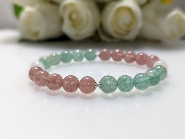 Women's Bracelet, beaded stretch bracelet, Crystal Charm, strawberry quartz, green strawberry quartz, white chalcedony, sterling silver, waist size 17cm, elastic string, handmade in Australia, for her, unique gift for daughters, birthday gift, gift for anniversary, decorations, I love you forever, sentimental gift, exquisite jewellery gift, boxed gift, graduation gift, new chapter gift, wish comes true, you are the best, niece gift, gift for grandma, gift for sister, gift ideas, express delivery