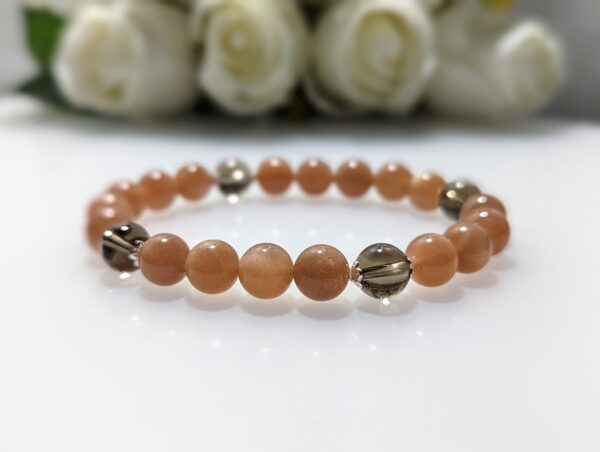 Women's Bracelet, beaded stretch bracelet, Crystal Charm, peach moonstone, smoky quartz, sterling silver, elastic string, handmade in Australia, for her, unique gift for daughters, birthday gift, gift for anniversary, decorations, I love you forever, sentimental gift, exquisite jewellery gift, boxed gift, graduation gift, new chapter gift, wish comes true, you are the best, niece gift, gift for grandma, gift for sister, gift ideas, express delivery