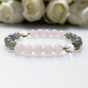 Women's Bracelet, Beaded Stretch Bracelet, Crystal Charm, Rose Quartz , Blue Moonstone, clear quartz, Waist Size 17cm, gold coated sterling silver, elastic string, handmade in Australia, for her, unique gift for daughters, birthday gift, gift for anniversary, decorations, I love you forever, sentimental gift, exquisite jewellery gift, boxed gift, graduation gift, new chapter gift, wish comes true, you are the best, niece gift, gift for grandma, gift for sister, gift ideas, express delivery