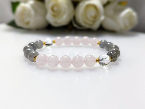 Women's Bracelet, Beaded Stretch Bracelet, Crystal Charm, Rose Quartz , Blue Moonstone, clear quartz, Waist Size 17cm, gold coated sterling silver, elastic string, handmade in Australia, for her, unique gift for daughters, birthday gift, gift for anniversary, decorations, I love you forever, sentimental gift, exquisite jewellery gift, boxed gift, graduation gift, new chapter gift, wish comes true, you are the best, niece gift, gift for grandma, gift for sister, gift ideas, express delivery