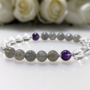 Women's Bracelet, Beaded Stretch Bracelet, Crystal Charm, Blue Moonstone, Clear Quartz, Amethyst, Waist Size 17cm, sterling silver, gold coated, elastic string, handmade in Australia, for her, unique gift for daughters, birthday gift, gift for anniversary, decorations, I love you forever, sentimental gift, exquisite jewellery gift, boxed gift, graduation gift, new chapter gift, wish comes true, you are the best, niece gift, gift for grandma, gift for sister, gift ideas, express delivery