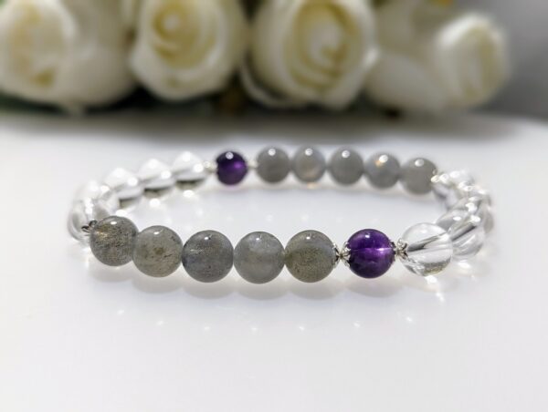 Women's Bracelet, Beaded Stretch Bracelet, Crystal Charm, Blue Moonstone, Clear Quartz, Amethyst, Waist Size 17cm, sterling silver, gold coated, elastic string, handmade in Australia, for her, unique gift for daughters, birthday gift, gift for anniversary, decorations, I love you forever, sentimental gift, exquisite jewellery gift, boxed gift, graduation gift, new chapter gift, wish comes true, you are the best, niece gift, gift for grandma, gift for sister, gift ideas, express delivery
