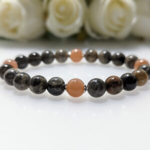 Women's Bracelet, beaded stretch bracelet, Crystal Charm, black sunstone, peach moonstone, sterling silver, waist size 17cm, elastic string, handmade in Australia, for her, unique gift for daughters, birthday gift, gift for anniversary, decorations, I love you forever, sentimental gift, exquisite jewellery gift, boxed gift, graduation gift, new chapter gift, wish comes true, you are the best, niece gift, gift for grandma, gift for sister, gift ideas, express delivery