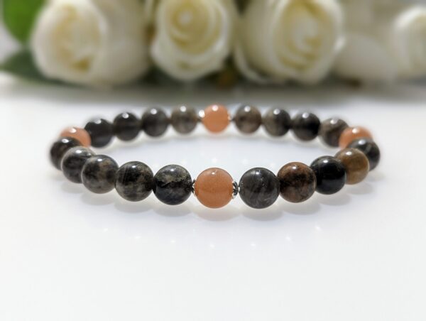 Women's Bracelet, beaded stretch bracelet, Crystal Charm, black sunstone, peach moonstone, sterling silver, waist size 17cm, elastic string, handmade in Australia, for her, unique gift for daughters, birthday gift, gift for anniversary, decorations, I love you forever, sentimental gift, exquisite jewellery gift, boxed gift, graduation gift, new chapter gift, wish comes true, you are the best, niece gift, gift for grandma, gift for sister, gift ideas, express delivery