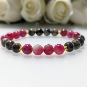 Women's Bracelet, Beaded Stretch Bracelet, Crystal Charm, Black Sunstone, Watermelon Chalcedony, Waist Size 17cm, gold coated sterling sliver, elastic string, handmade in Australia, for her, unique gift for daughters, birthday gift, gift for anniversary, decorations, I love you forever, sentimental gift, exquisite jewellery gift, boxed gift, graduation gift, new chapter gift, wish comes true, you are the best, niece gift, gift for grandma, gift for sister, gift ideas, express delivery