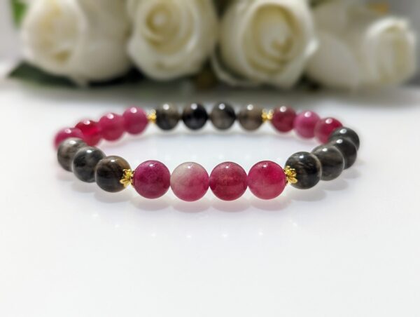 Women's Bracelet, Beaded Stretch Bracelet, Crystal Charm, Black Sunstone, Watermelon Chalcedony, Waist Size 17cm, gold coated sterling sliver, elastic string, handmade in Australia, for her, unique gift for daughters, birthday gift, gift for anniversary, decorations, I love you forever, sentimental gift, exquisite jewellery gift, boxed gift, graduation gift, new chapter gift, wish comes true, you are the best, niece gift, gift for grandma, gift for sister, gift ideas, express delivery