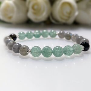Women's Bracelet, beaded stretch bracelet, Crystal Charm, blue moonstone, green strawberry quartz, gold sheen obsidian, waist size 17cm, sterling silver, elastic string, handmade in Australia, for her, unique gift for daughters, birthday gift, gift for anniversary, decorations, I love you forever, sentimental gift, exquisite jewellery gift, boxed gift, graduation gift, new chapter gift, wish comes true, you are the best, niece gift, gift for grandma, gift for sister, gift ideas, express delivery