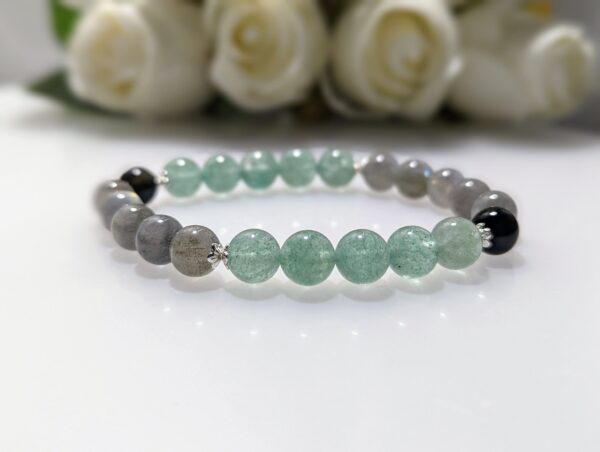 Women's Bracelet, beaded stretch bracelet, Crystal Charm, blue moonstone, green strawberry quartz, gold sheen obsidian, waist size 17cm, sterling silver, elastic string, handmade in Australia, for her, unique gift for daughters, birthday gift, gift for anniversary, decorations, I love you forever, sentimental gift, exquisite jewellery gift, boxed gift, graduation gift, new chapter gift, wish comes true, you are the best, niece gift, gift for grandma, gift for sister, gift ideas, express delivery