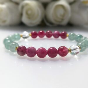 Women's Bracelet, Beaded Stretch Bracelet, Crystal Charm, Watermelon Chalcedony, Green Strawberry Quartz, clear quartz, Waist Size 17cm, sterling silver, elastic string, handmade in Australia, for her, unique gift for daughters, birthday gift, gift for anniversary, decorations, I love you forever, sentimental gift, exquisite jewellery gift, boxed gift, graduation gift, new chapter gift, wish comes true, you are the best, niece gift, gift for grandma, gift for sister, gift ideas, express delivery