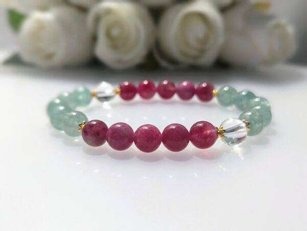 Women's Bracelet, Beaded Stretch Bracelet, Crystal Charm, Watermelon Chalcedony, Green Strawberry Quartz, clear quartz, Waist Size 17cm, sterling silver, elastic string, handmade in Australia, for her, unique gift for daughters, birthday gift, gift for anniversary, decorations, I love you forever, sentimental gift, exquisite jewellery gift, boxed gift, graduation gift, new chapter gift, wish comes true, you are the best, niece gift, gift for grandma, gift for sister, gift ideas, express delivery