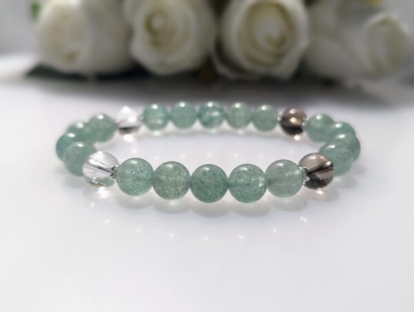 Women's bracelet, beaded stretch bracelet, crystal charm, Green Strawberry Quartz, Clear Quartz, Smoky Quartz, Waist Size 17cm, Sterling silver, elastic string, Handmade in Australia, for her, unique gift for daughters, birthday gift, gift for anniversary, decorations, I love you forever, sentimental gift, exquisite jewellery gift, boxed gift, graduation gift, new chapter gift, wish comes true, you are the best, niece gift, gift for grandma, gift for sister, gift ideas, express delivery