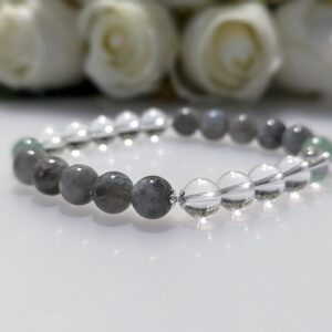 Women's Bracelet, beaded stretch bracelet, Crystal Charm, blue moonstone, clear quartz, green strawberry quartz, sterling silver, waist size 17cm, elastic string, handmade in Australia, for her, unique gift for daughters, birthday gift, gift for anniversary, decorations, I love you forever, sentimental gift, exquisite jewellery gift, boxed gift, graduation gift, new chapter gift, wish comes true, you are the best, niece gift, gift for grandma, gift for sister, gift ideas, express delivery