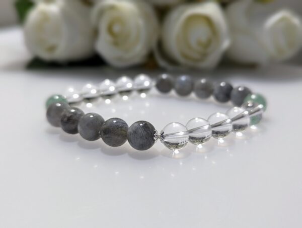 Women's Bracelet, beaded stretch bracelet, Crystal Charm, blue moonstone, clear quartz, green strawberry quartz, sterling silver, waist size 17cm, elastic string, handmade in Australia, for her, unique gift for daughters, birthday gift, gift for anniversary, decorations, I love you forever, sentimental gift, exquisite jewellery gift, boxed gift, graduation gift, new chapter gift, wish comes true, you are the best, niece gift, gift for grandma, gift for sister, gift ideas, express delivery