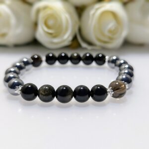 Women's Bracelet, beaded stretch bracelet, Crystal Charm, Gold Sheen Obsidian, Terahertz, Smoky Quartz, sterling silver, waist size 17cm, elastic string, handmade in Australia, for her, unique gift for daughters, birthday gift, gift for anniversary, decorations, I love you forever, sentimental gift, exquisite jewellery gift, boxed gift, graduation gift, new chapter gift, wish comes true, you are the best, niece gift, gift for grandma, gift for sister, gift ideas, express delivery