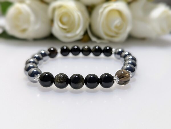 Women's Bracelet, beaded stretch bracelet, Crystal Charm, Gold Sheen Obsidian, Terahertz, Smoky Quartz, sterling silver, waist size 17cm, elastic string, handmade in Australia, for her, unique gift for daughters, birthday gift, gift for anniversary, decorations, I love you forever, sentimental gift, exquisite jewellery gift, boxed gift, graduation gift, new chapter gift, wish comes true, you are the best, niece gift, gift for grandma, gift for sister, gift ideas, express delivery