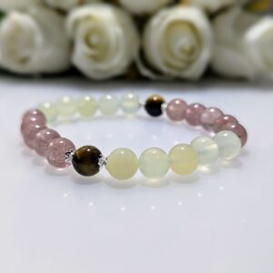 Women's Bracelet, beaded stretch bracelet, Crystal Charm, Strawberry Quartz, New Jade, Tiger's Eye, sterling silver, waist size 17cm, elastic string, handmade in Australia, for her, unique gift for daughters, birthday gift, gift for anniversary, decorations, I love you forever, sentimental gift, exquisite jewellery gift, boxed gift, graduation gift, new chapter gift, wish comes true, you are the best, niece gift, gift for grandma, gift for sister, gift ideas, express delivery
