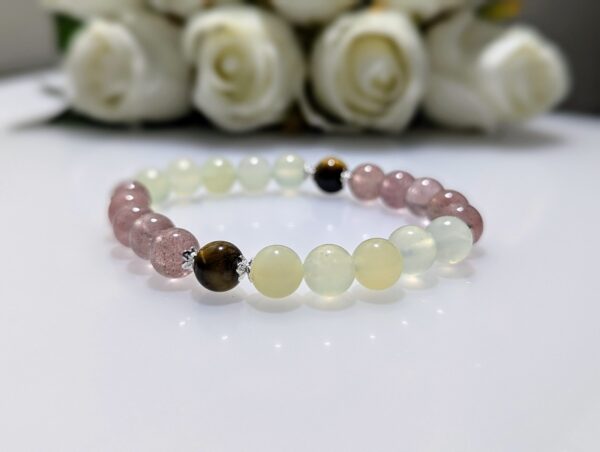 Women's Bracelet, beaded stretch bracelet, Crystal Charm, Strawberry Quartz, New Jade, Tiger's Eye, sterling silver, waist size 17cm, elastic string, handmade in Australia, for her, unique gift for daughters, birthday gift, gift for anniversary, decorations, I love you forever, sentimental gift, exquisite jewellery gift, boxed gift, graduation gift, new chapter gift, wish comes true, you are the best, niece gift, gift for grandma, gift for sister, gift ideas, express delivery